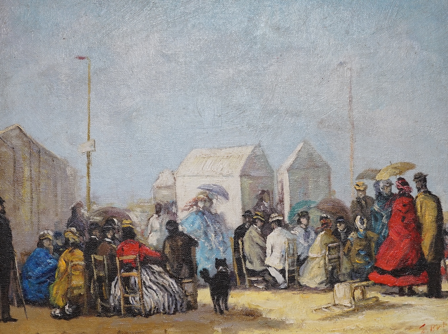Decorative oil on board, Figures on a beach, 27 x 34cm. Condition - good